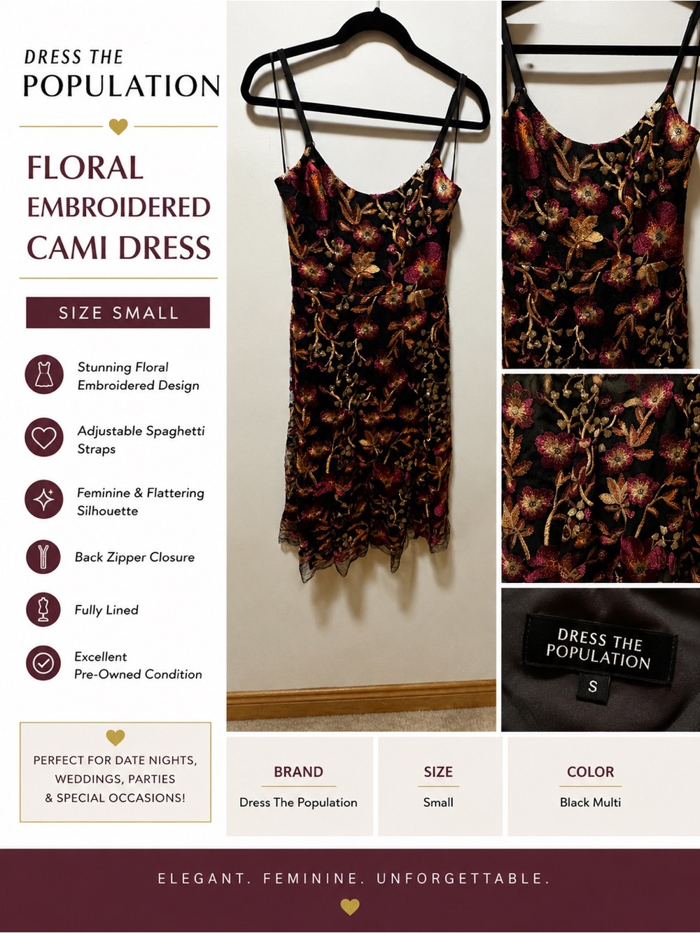 Dress The Population Black Multi Floral Embroidered Cami Mini Dress